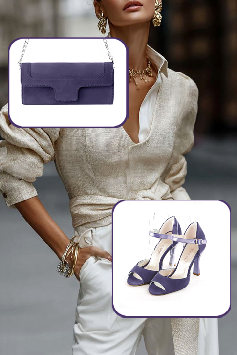 Dress sandals instep strap in lavender purple and lilac purple leather with high spool heels and round toe - Worn view